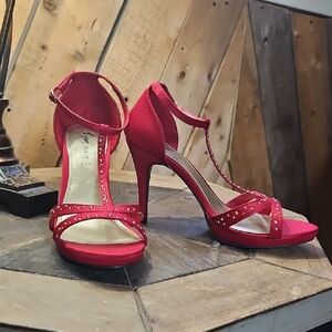 Glamorous FIONI Red Strappy Party Heels with Gold Studded Rhinestones